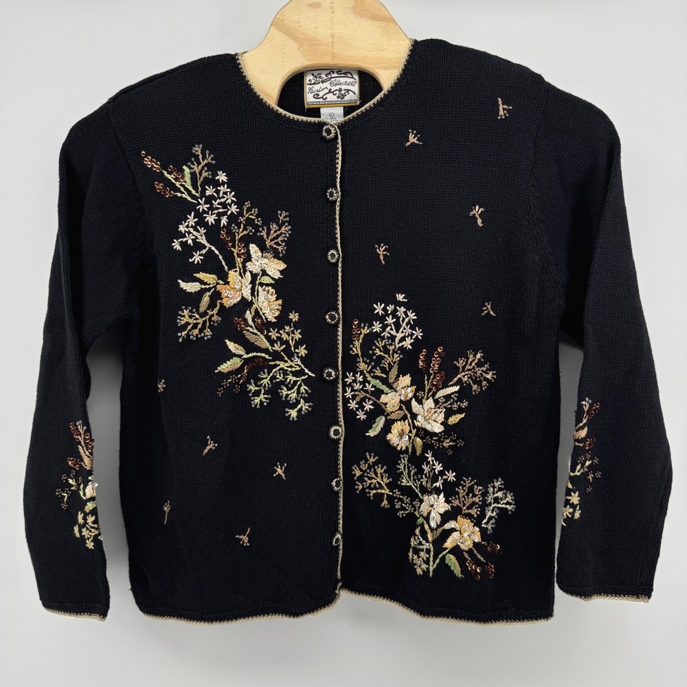 Heirloom Collectible Large Vintage Floral Embroidered Sequin Cardigan Black Gold - Picture 2 of 7
